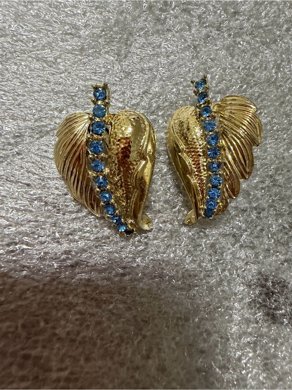 Gold Leaf Drop Earrings with Blue Crystal Accents Clip On Earrings